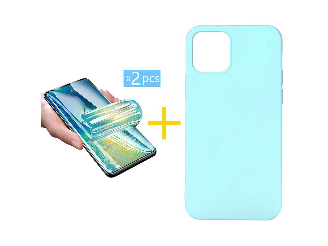 Pack 2 Películas + Capa SKYHE para iPhone 13 Pro Max Silicone Líquido Verde-Água