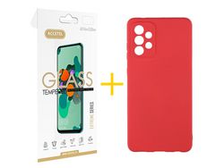 Pack 1 x Película de Vidro Temperado 2.5D + Capa ACCETEL Samsung Galaxy A53 5G Silicone Líquido Vermelho