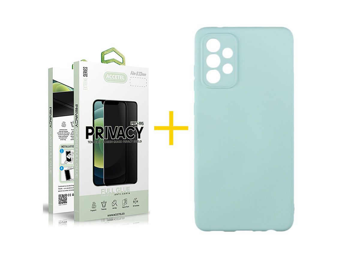 Pack 1 x Película de Vidro Temperado Anti-Spy + Capa ACCETEL Samsung Galaxy A33 5G Silicone Líquido Verde-Água