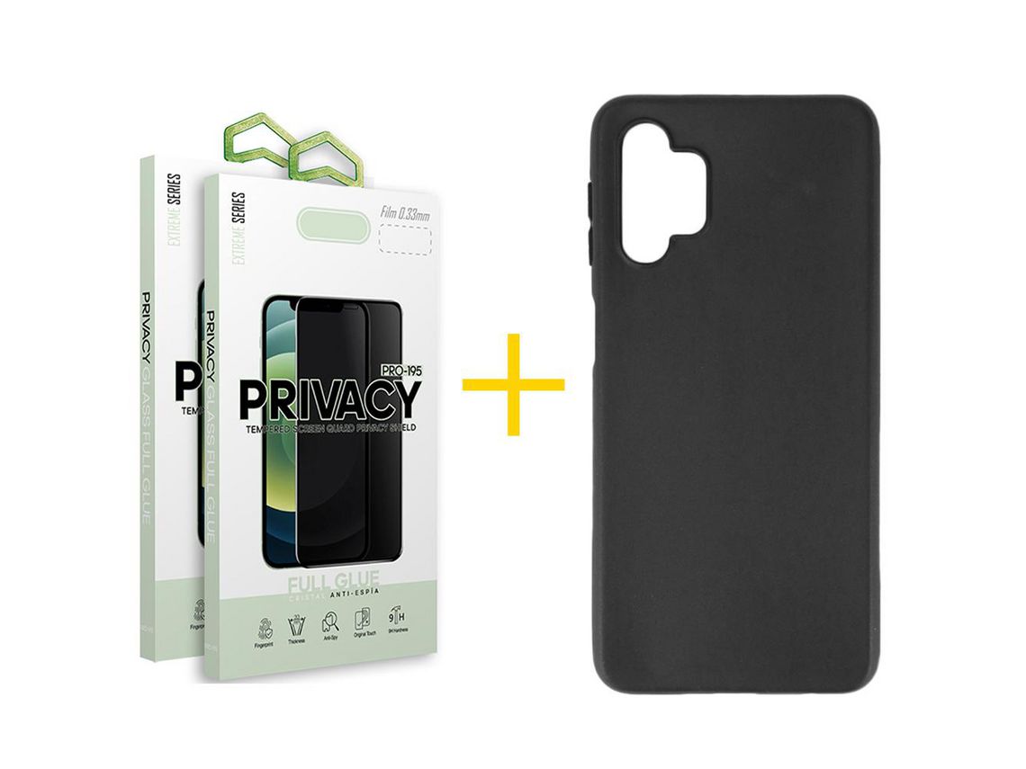 Pack 2 Películas Anti-Spy + Capa SKYHE para Samsung Galaxy A13 4G Silicone Liso Preto