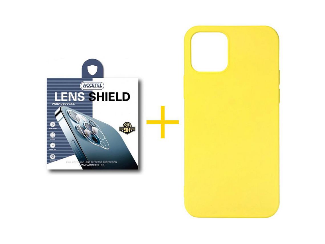 Pack 1 x Película de Câmara + Capa ACCETEL iPhone 13 Mini Silicone Líquido Amarelo