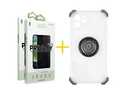 Pack 2 x Película de Vidro Temperado Anti-Spy + Capa ACCETEL iPhone 12 Gel Bumper Ring Transparente