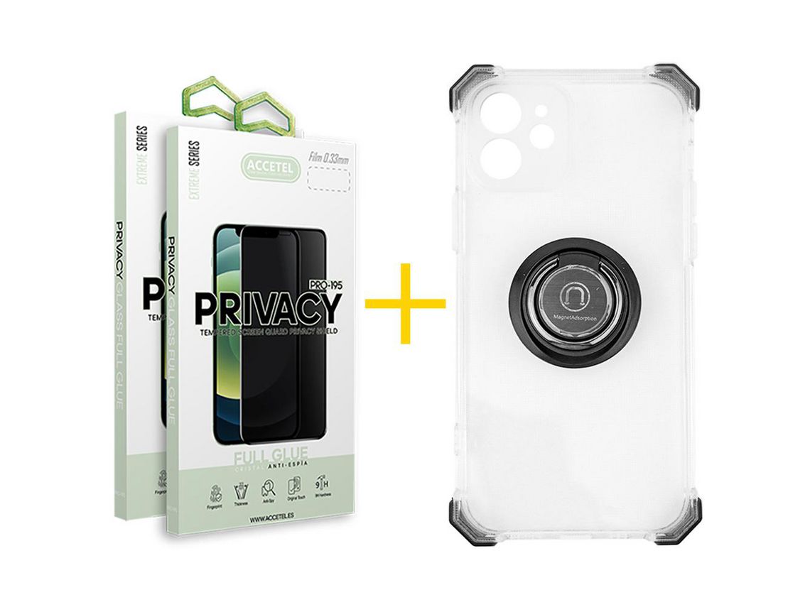 Pack 2 x Película de Vidro Temperado Anti-Spy + Capa ACCETEL iPhone 12 Gel Bumper Ring Transparente