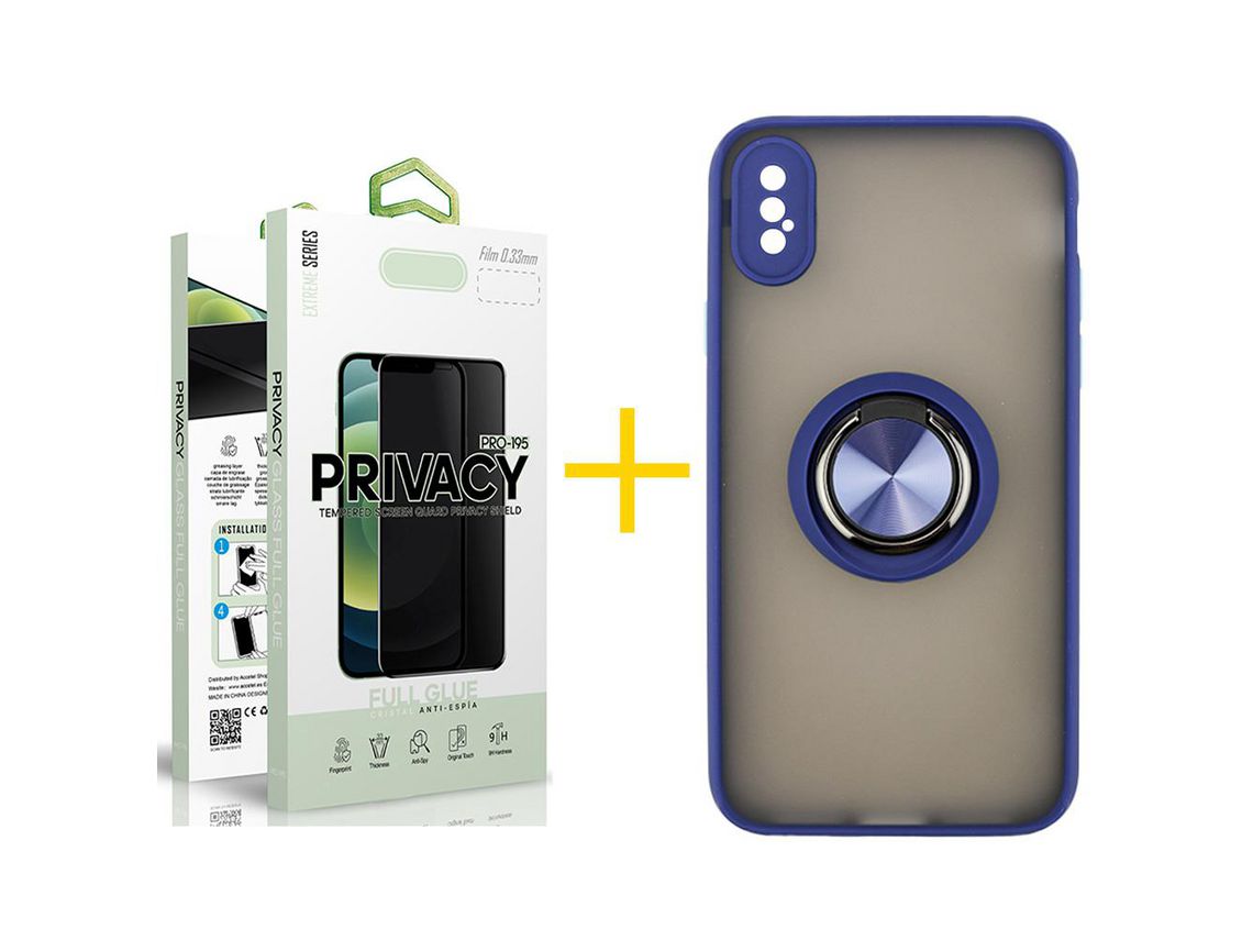 Pack 1 Película Anti-Spy + Capa SKYHE para iPhone XR Gel Bumper Ring Azul