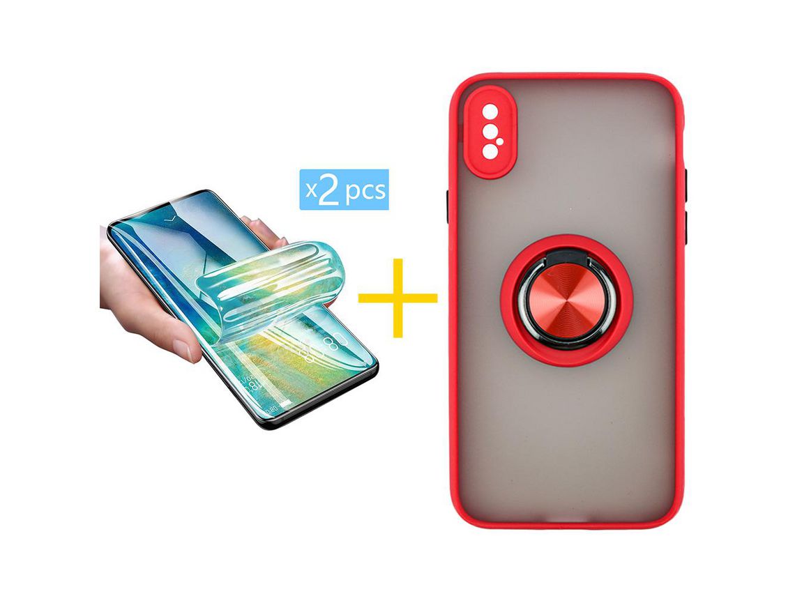 Pack 2 x Película de Hidrogel + Capa ACCETEL iPhone XR Gel Bumper Ring Vermelho