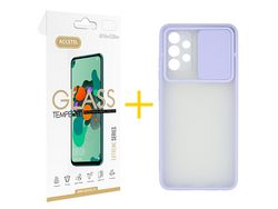 Pack 1 x Película de Vidro Temperado 2.5D + Capa ACCETEL Samsung Galaxy A23 5G Gel Proteção Câmara Lilás