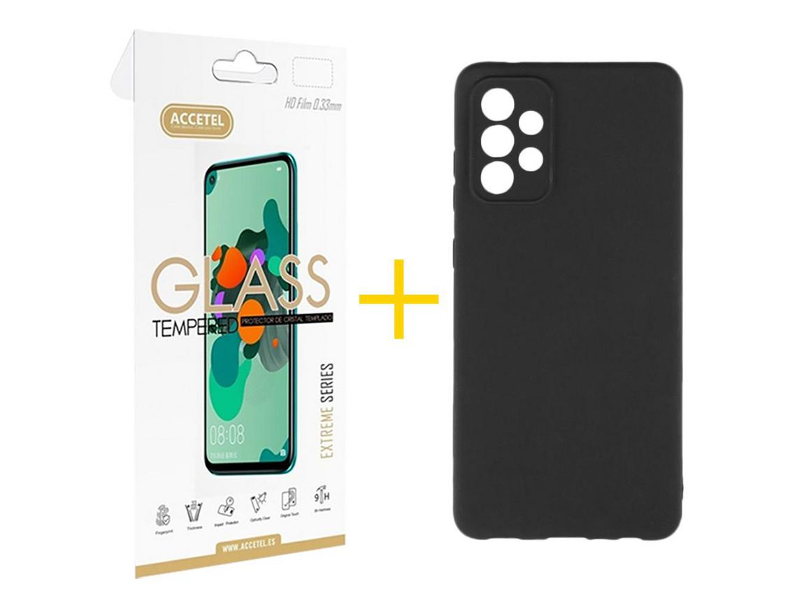 Pack 1 x Película de Vidro Temperado 2.5D + Capa ACCETEL Samsung Galaxy A53 5G Silicone Líquido Preto