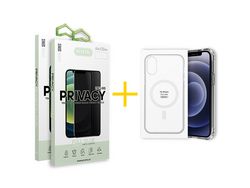 Pack 2 x Película de Vidro Temperado Anti-Spy + Capa ACCETEL iPhone XS Max Compatível com Magsafe Magnetic Transparente Clear