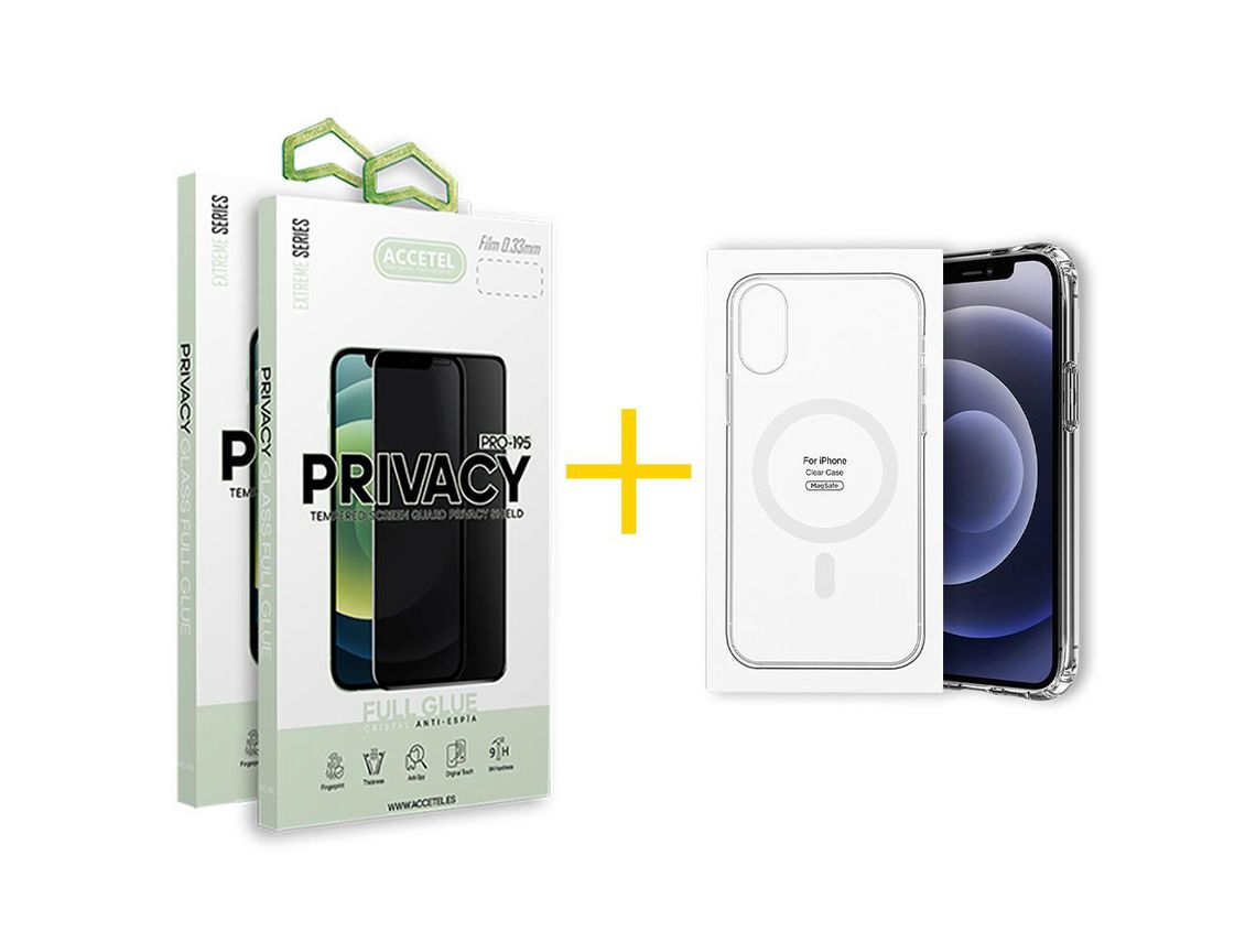 Pack 2 x Película de Vidro Temperado Anti-Spy + Capa ACCETEL iPhone XS Max Compatível com Magsafe Magnetic Transparente Clear