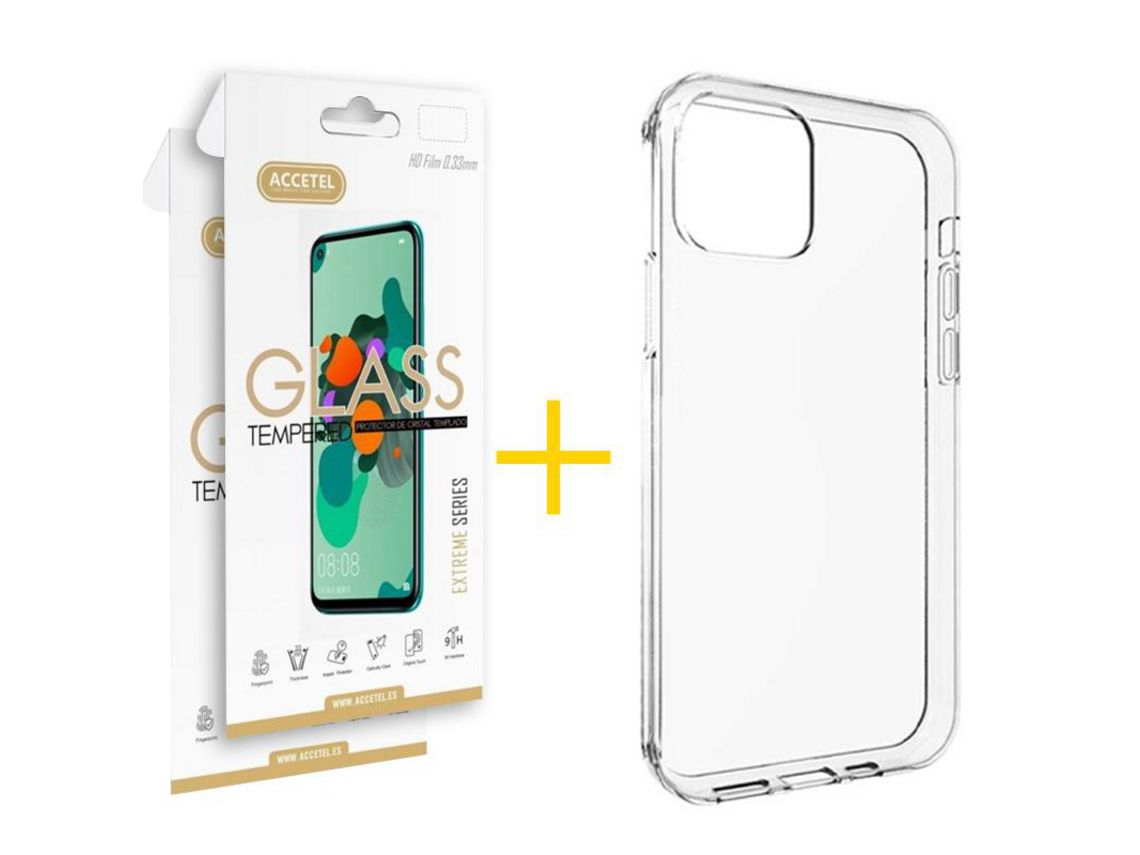 Pack 2 x Película de Vidro Temperado 2.5D + Capa ACCETEL iPhone 13 Pro Silicone Liso Transparente Clear