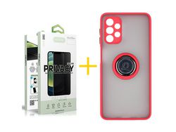 Pack 1 x Película de Vidro Temperado Anti-Spy + Capa ACCETEL Samsung Galaxy A52 5G Gel Bumper Ring Vermelho