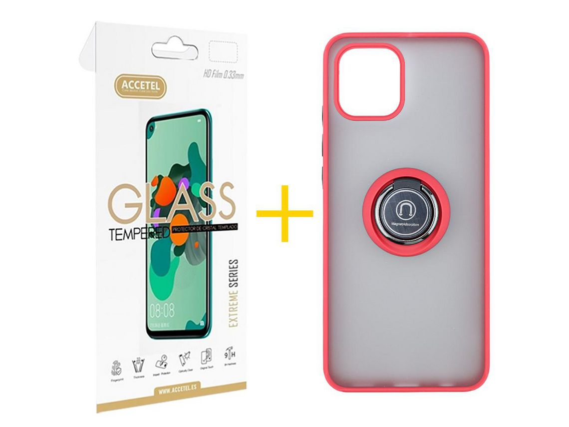 Pack 1 x Película de Vidro Temperado 2.5D + Capa ACCETEL Samsung Galaxy A03 Gel Bumper Ring Vermelho