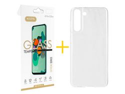 Pack 1 x Película de Vidro Temperado 2.5D + Capa ACCETEL Samsung Galaxy S21 FE 5G Silicone Liso Transparente Fosco