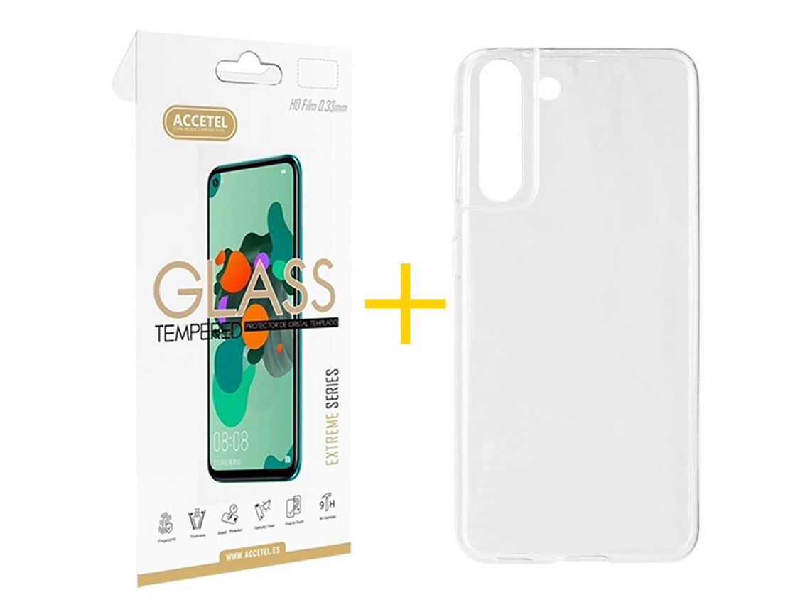 Pack 1 x Película de Vidro Temperado 2.5D + Capa ACCETEL Samsung Galaxy S21 FE 5G Silicone Liso Transparente Fosco