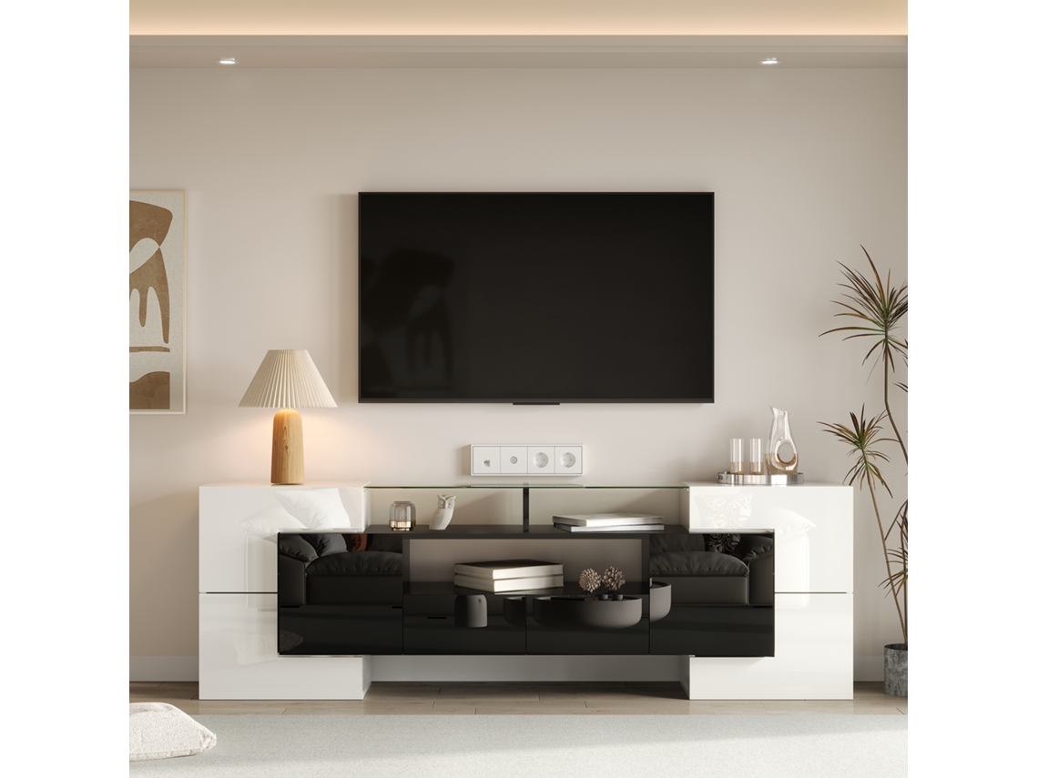 Gabinete Tv 200cm, Preto/branco, Led, Vidro.-zz