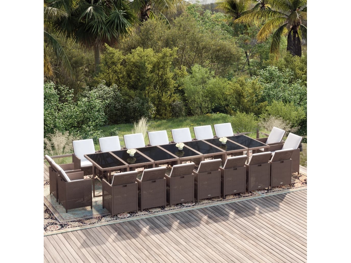 19 Pcs Conjunto Jantar P/ Jardim C/ Almofadões Vime Pe Castanho Dkd Home Decor