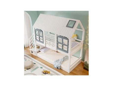 Beliche Infantil Com Teto E Janela, Grade De Segurança, 3 Gavetas Na Escada, Amplo Armazenamento, Pinheiromdf, Brancocinza, 90x200cm