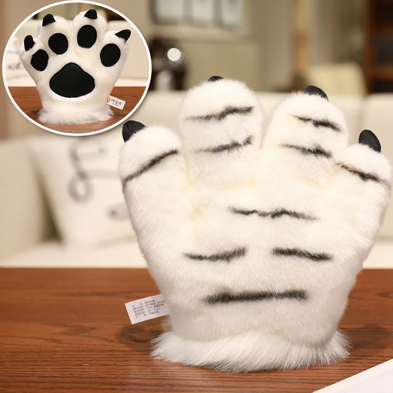 (1 Tigre Branco, 25 Cm) Luvas De Pelúcia Macias Com Estampa De Pata De Animal, 25 Cm