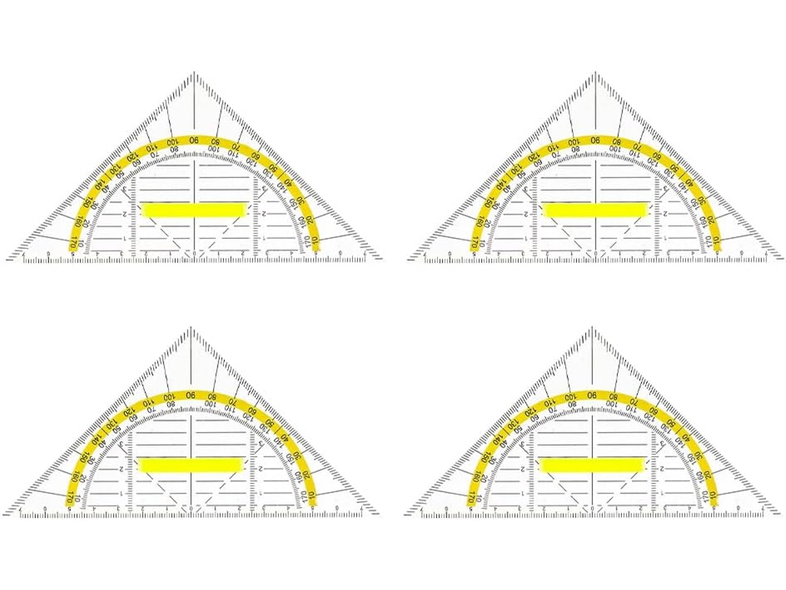 Régua triangular com cabo, 4 peças, transparente, para desenho.