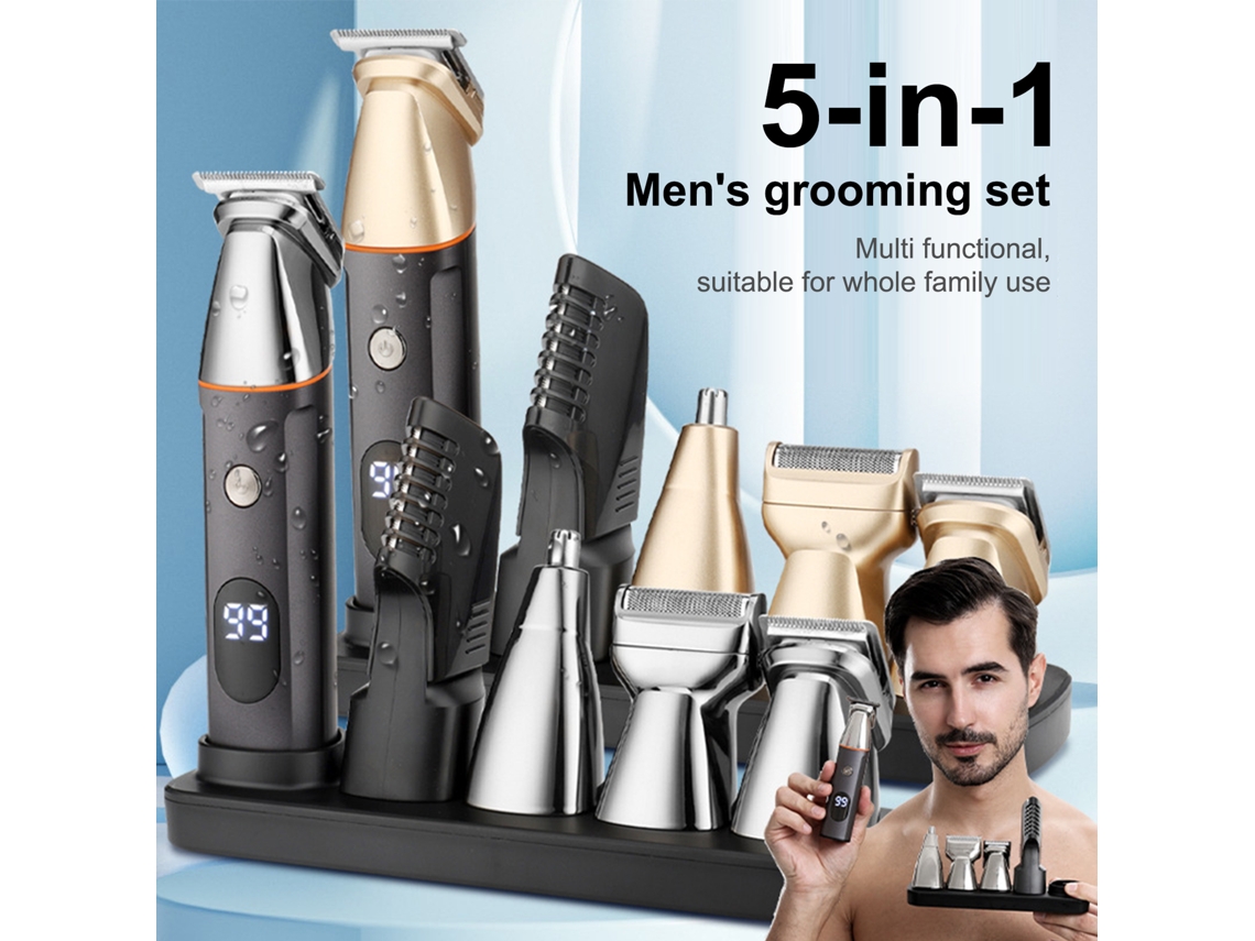 2026 kit de Cortapelos 5 em 1 para Homem: Cortadora de Cabelo, Afeitadora, Trimmer Corporal, Nasal, Lavável, Recarregável Via Usb com Base