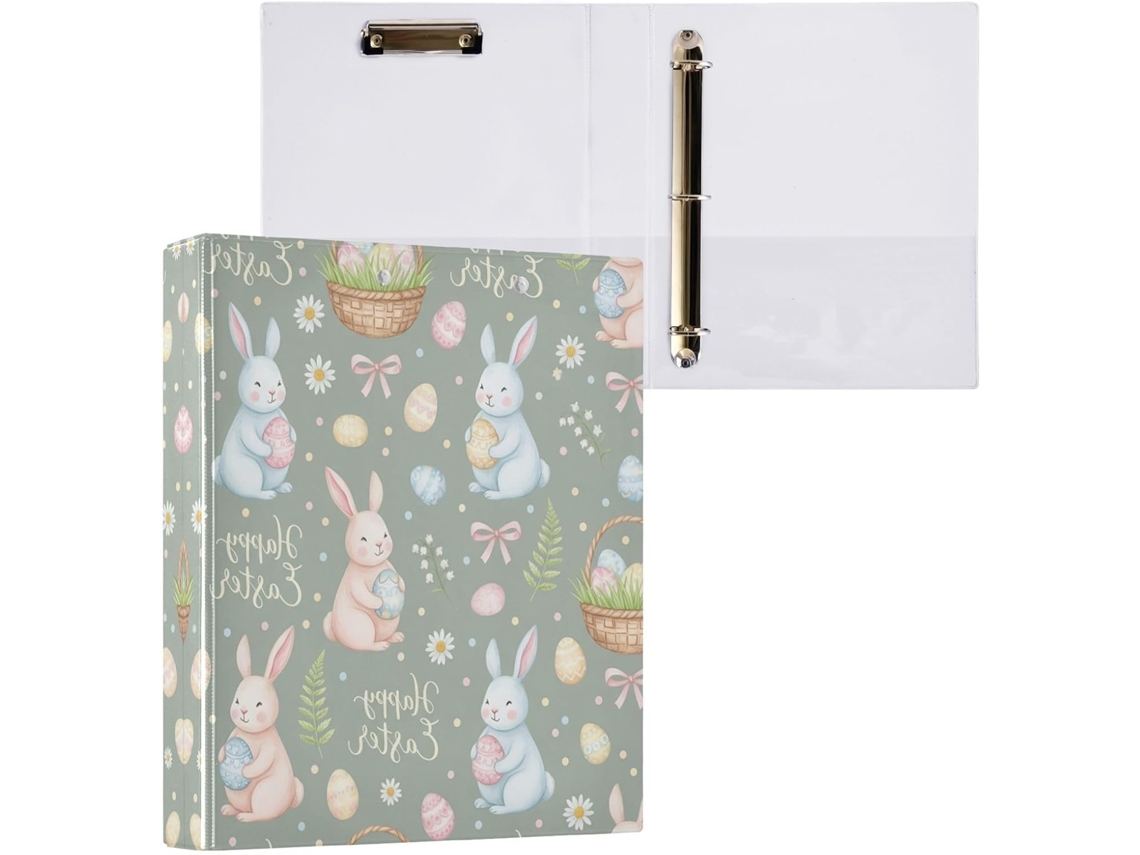 Pasta de 3 Argolas para Papel Tamanho Carta , Coelhinho da Páscoa Redondo e Fofo com Porta pra (27,9 X 21,6 Cm)