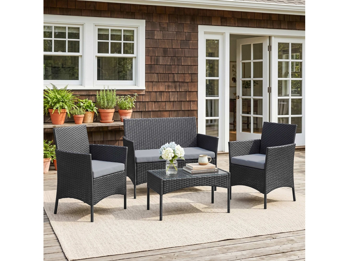 Conjunto De Jardim Para 4 Pessoas Em Resina Trançada Cinza, Com Sofás, Mesa De Centro De Vidro Temperado E Almofadas Incluídas
