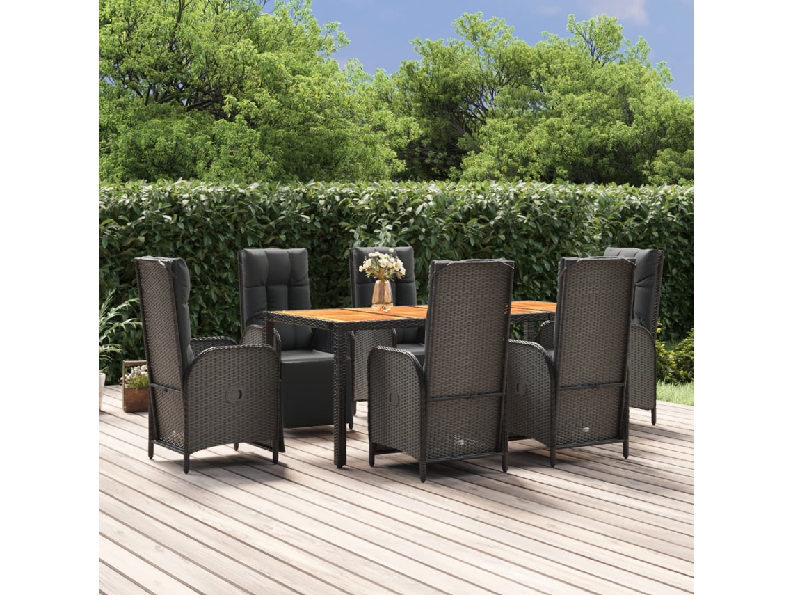 Vidaxl 7 Pcs Conjunto De Jantar P/ Jardim C/ Almofadões Vime Pe Preto