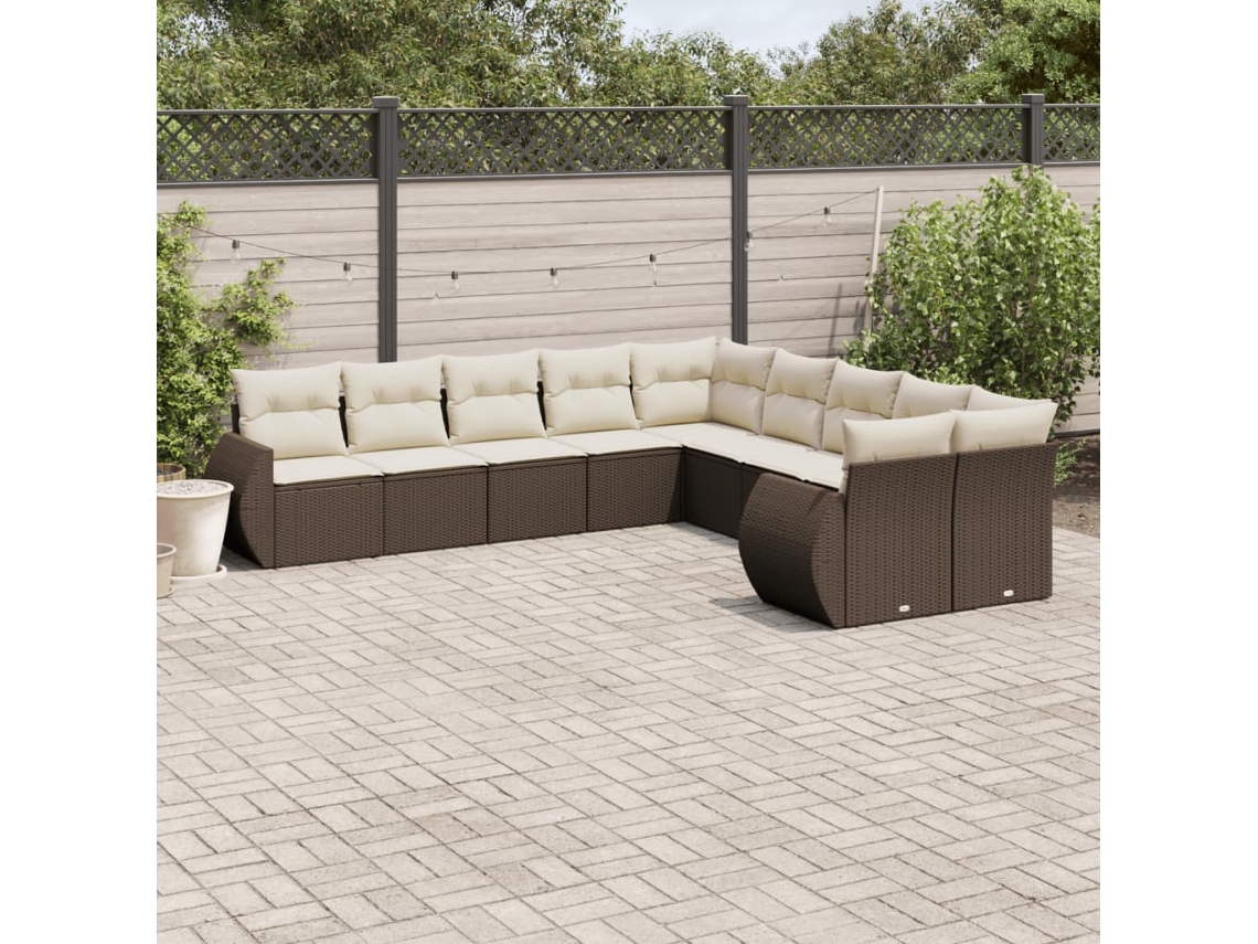 Vidaxl 10 Pcs Conj. Sofás Jardim Com Almofadões Vime Pe Castanho