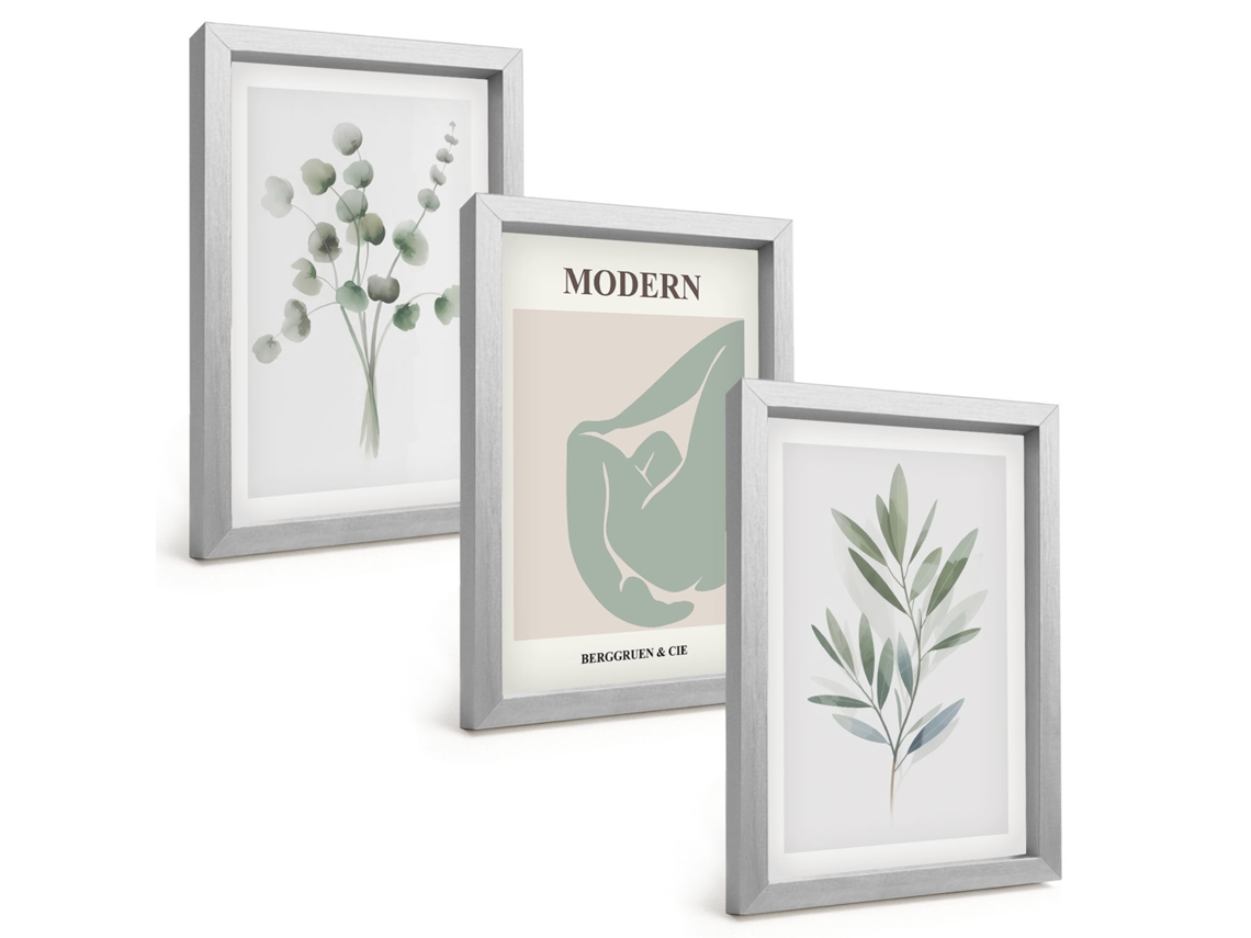 Galeria De Pinturas Muraismotivos Florais Em Folhagem Moldura Prateada Fotos Para O Escritório Espelharte (3 Peças 20x30 Cm)