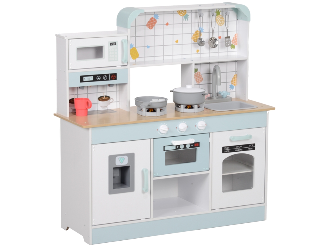 Cozinha de madeira infantil com sons, lavatório, micro-ondas, máquina de gelo e acessórios 88,6x31,7x90,4cm branco S/MARCA