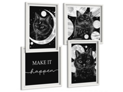 Galeria De Pinturas Murais Gatos Pretos, Lua, Espaço Moldura Branca Imagens Para Um Quarto Infantil Espelharte (conjunto De 4 Imagens)