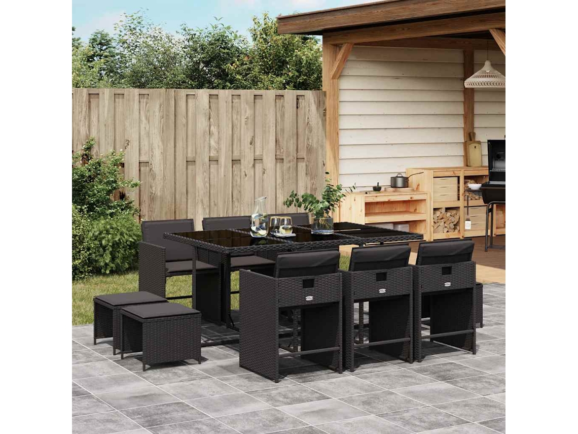 Vidaxl 11 Pcs Conjunto De Jantar P/ Jardim C/ Almofadões Vime Pe Preto