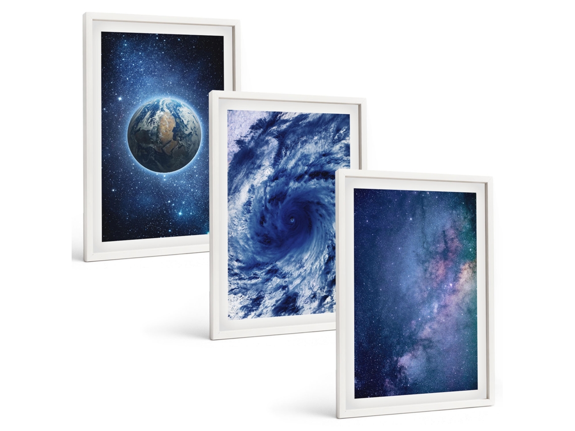 Composição De Quadros Terra, Espaço, Tempestade, Galáxia Moldura Branca Quadros Para O Escritório Espelharte (3 Piezas De 40x60 Cm)