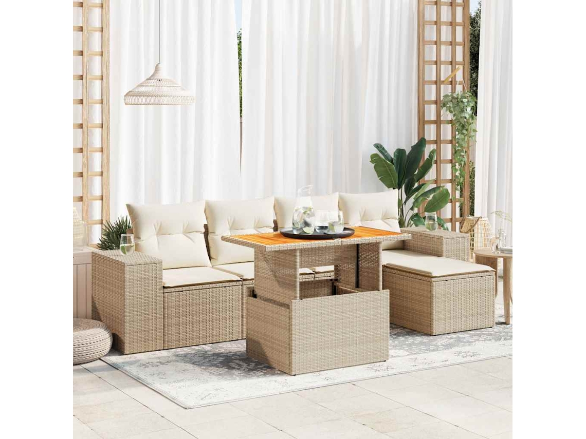 Vidaxl 6 Pcs Conjunto De Sofás P/ Jardim Com Almofadões Vime Pe Bege