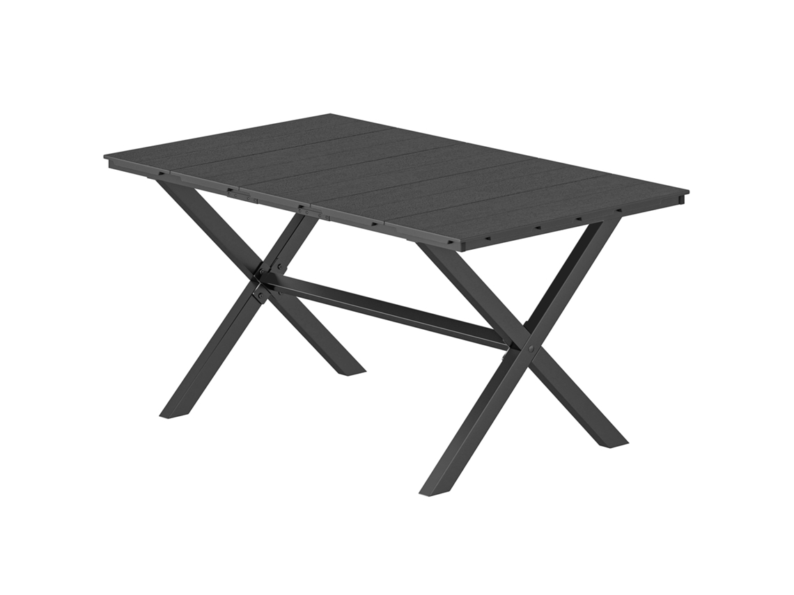 Mesa De Jantar Retangular Para Jardim Para 6 Pessoas Com Tampo De Hdpe Efeito Ripas E Estrutura Metálica 150x90x74 Cm, Preto