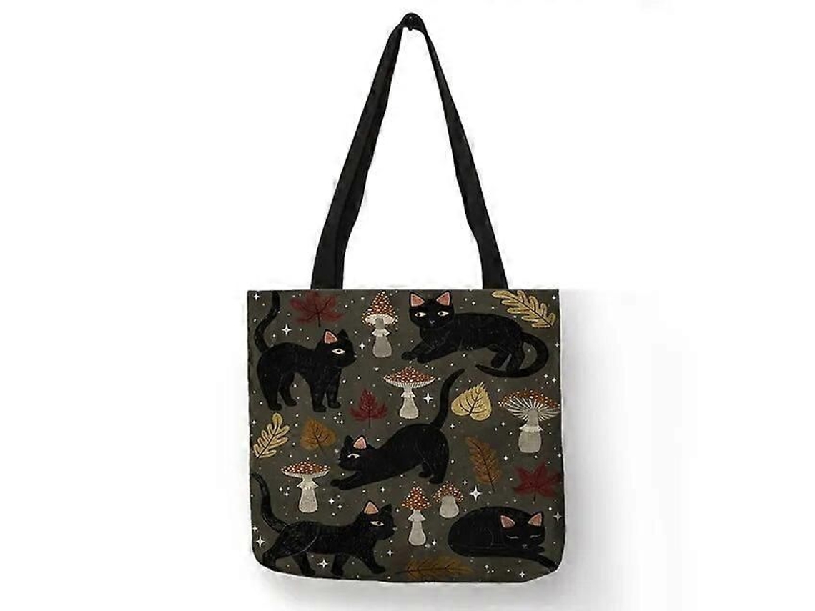 Bolsa de Compras Feminina com Estampa Floral Gatinho Desenho Animado, Ombro em Tecido Linho, Ec Ológica, Reutilizável e do GOKOCO
