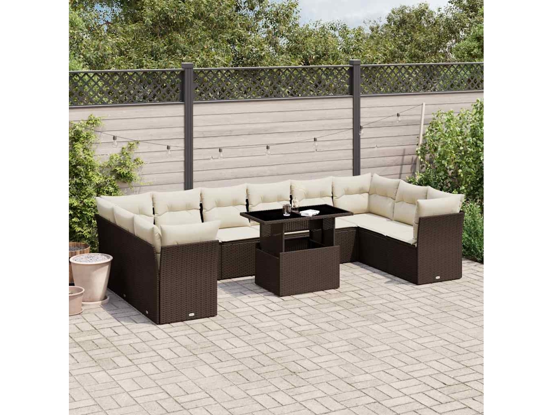 Vidaxl 11 Pcs Conjunto Sofás De Jardim C/ Almofadões Vime Pe Castanho