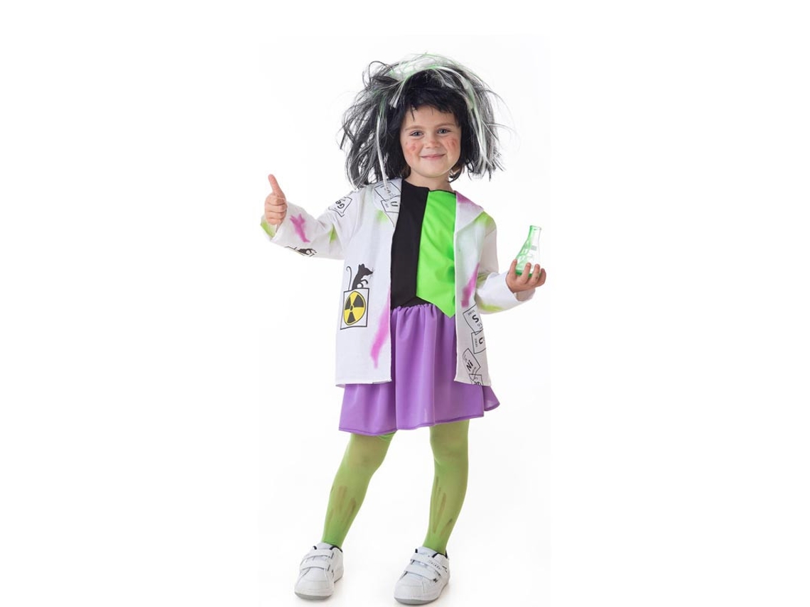 Fato de Cientista Louco branco e verde para menina