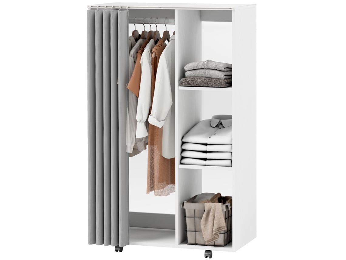 Guarda-roupa Móvel 4 Rodas Com Barra E Prateleiras, Branco