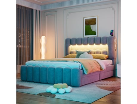 Cama Estofada 160x200 Led Cama Com Arrumação Estrado 4 Gavetas Estéreo Função De Carregamento Usb Cabeceira Ajustável Em Altura Flieks (sem Colchão)