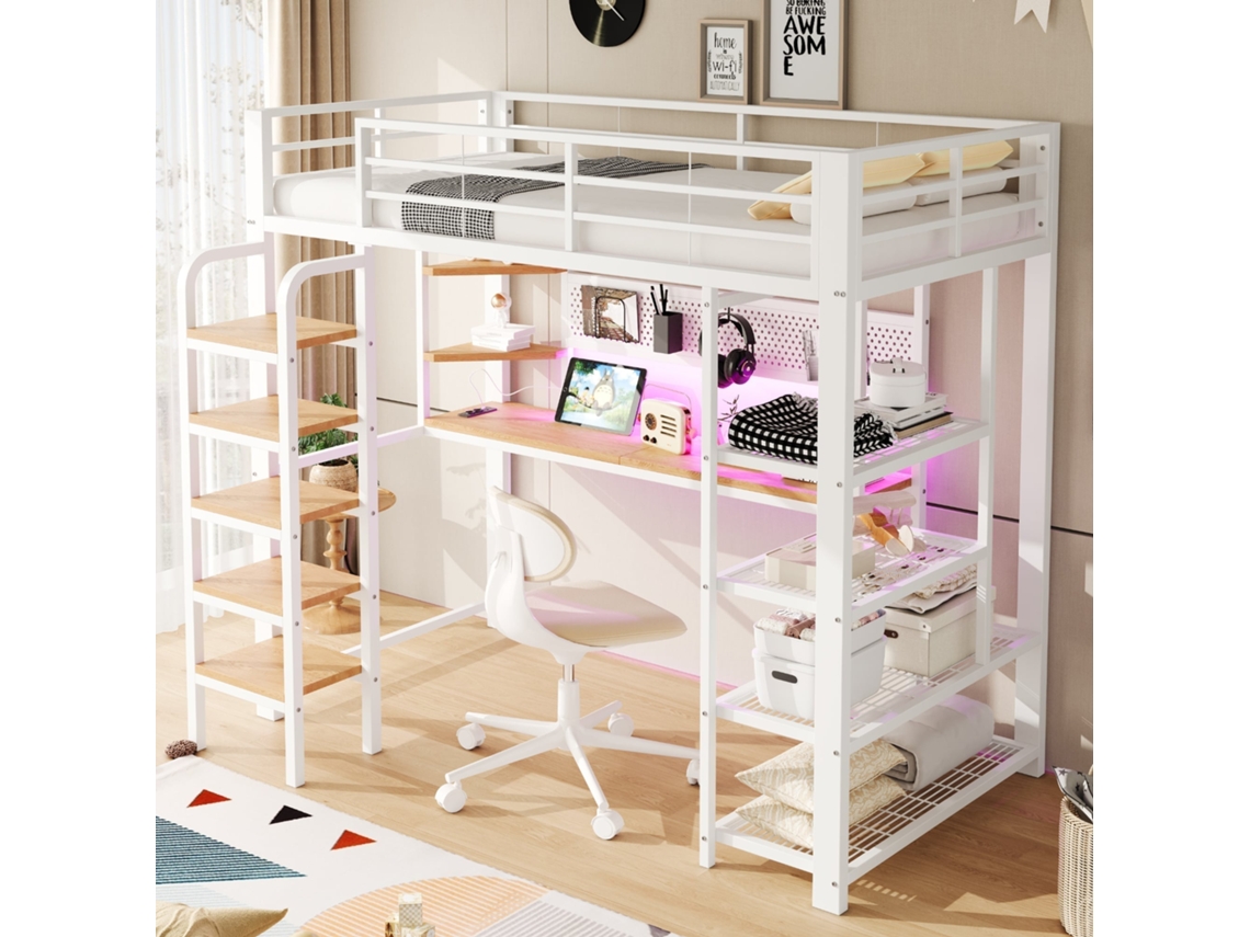 Cama Metálica NOVELA com secretária, tomadas USB, LED multicolorido, prateleiras, escada, estante, painel perfurado, branco