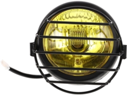 Lanterna vintage redonda preta para motocicleta, feita de metal e vidro, com visibilidade clara.