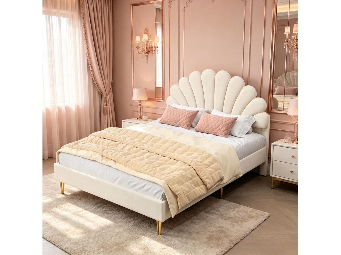 Cama Infantil Casal Com Cabeceira Em Forma De Flor, Cama 2 Lugares 140x200 Cm Com Estrado De Ripas, Veludo, Bege, Sem Colchão