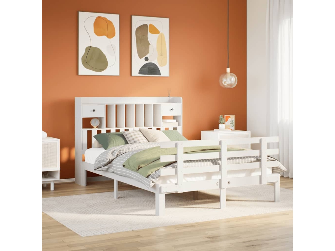 Vidaxl Cama Com Estante Sem Colchão 150x200 Cm Pinho Maciço Branco