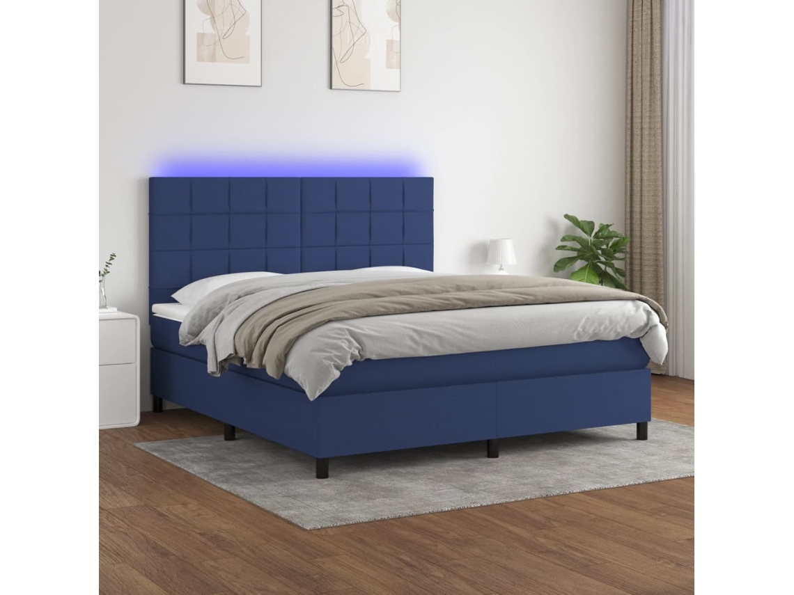 Vidaxl Cama Box Spring C/ Colchão E Led 160x200 Cm Tecido Azul