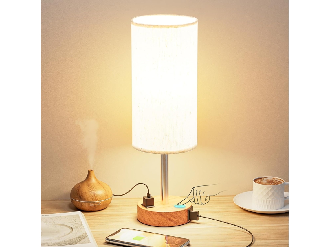 Luminária De Mesa Com Toque,portas Usb Ac E Tomada,3 Níveis De Brilho,abajur De Linho,para Quarto Sala Infantil Escritório Btforus (lâmpada Incluída)