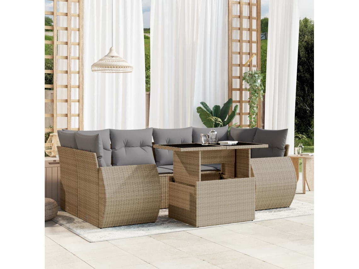 Vidaxl 7 Pcs Conjunto De Sofás P/ Jardim Com Almofadões Vime Pe Bege