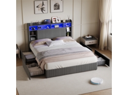 Cama de Casal 160x200 Cm com 4 Gavetas, Cabeceira com Led, 8 Compartimentos, Cinza, SIMURQ