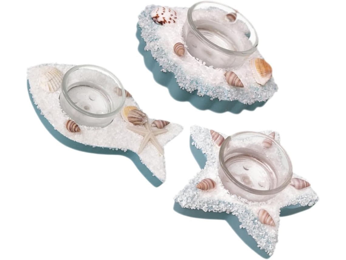 Castiçais Mediterrâneos Multifuncionais de Resina para Mesa, Conjunto 3 Peças com Peixes, Estrelas CHABERLU