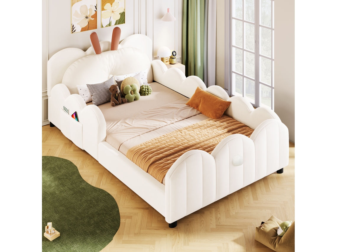 Cama De Plataforma Estofada 90x200 Cm Com Almofada Em Formato De Coelho, Tecido Macio, Design Infantil, Bege